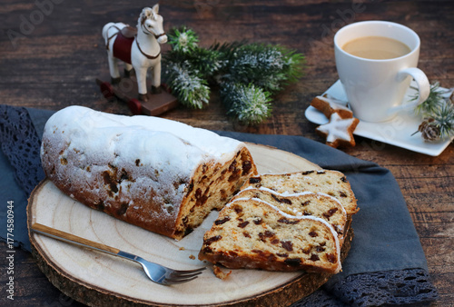 Christmas stollen or Christstollen. Traditional German cake for Advent and Christmas.