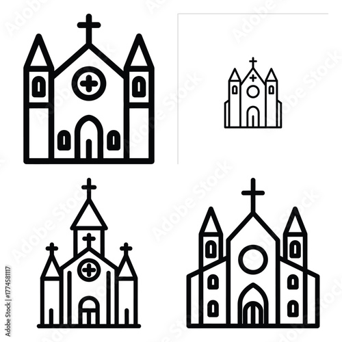 midnight mass church Line art Icon Set, Vector illustration