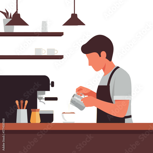 Barista preparing cappuccino behind coffee counter in modern cafe