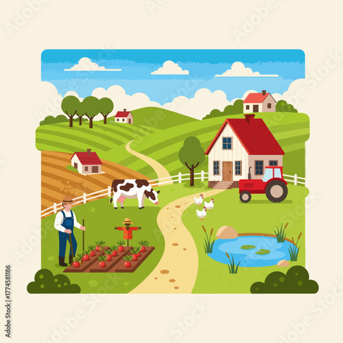 Countryside farm landscape with farmer tractor animals and vegetable garden