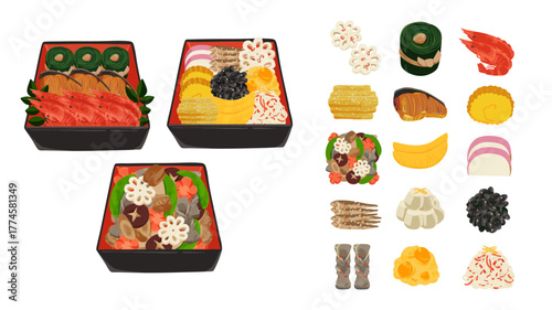 重箱のおせち3種類と品目アイコンセット　水彩風手描きベクターイラスト