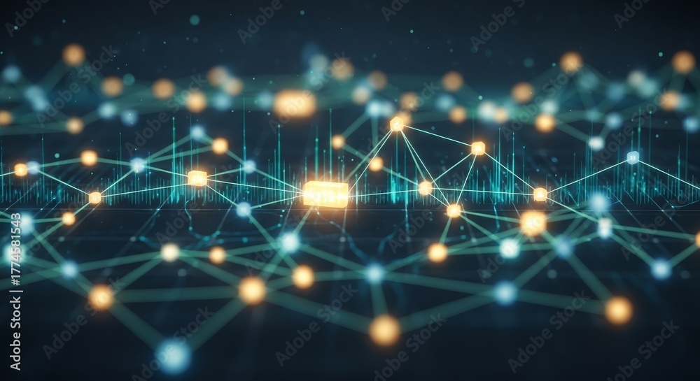 Obraz premium Abstract digital network with glowing interconnected nodes and lines representing data flow and technological connections.