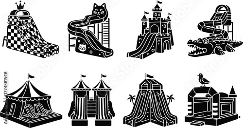 Black silhouette collection of inflatable slides, playground castles, amusement park rides, fun fair tents, bounce houses, kids entertainment equipment, carnival attractions vector icons set