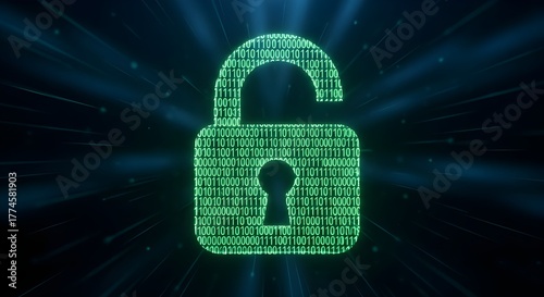 Glowing green open padlock made of binary code against a dark blue radiating background design
