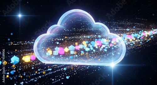 A glowing cloud shape with colorful cubes and particles floating around in a dark space scene