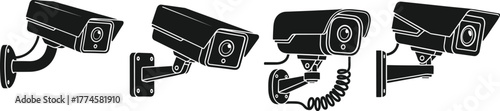 CCTV camera set, black silhouette security cameras, surveillance system icons, monitoring equipment vector collection, wall mounted video cameras, safety and protection design illustration