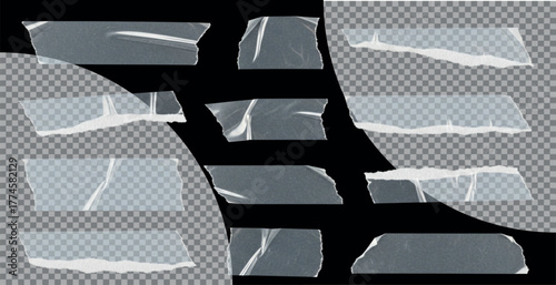 Torn pieces of clear adhesive tape collection. isolated on a transparent background