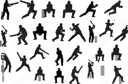 Set of cricket players silhouettes in various batting, bowling, and fielding poses vector.