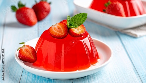 Vibrant red gelatin dessert topped with fresh strawberries and mint on a pastel wooden surface