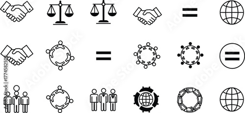 Collection of hand drawn icons representing equality justice partnership and global cooperation isolated on transparent background
