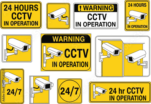 CCTV warning sign collection, 24 hours surveillance in operation, security camera signage set, yellow safety board icons, video monitoring and privacy protection alert