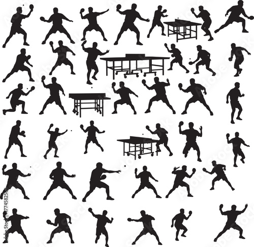 Silhouette vector set of table tennis players isolated on transparent background.