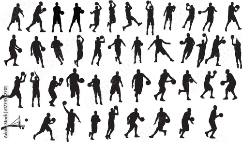 Set of basketball player action silhouettes, isolated on a transparent background.