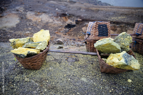 Yellow sulfur and woven baskets of Javanese miners