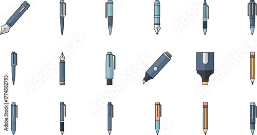 Collection of flat design pens and pencils
