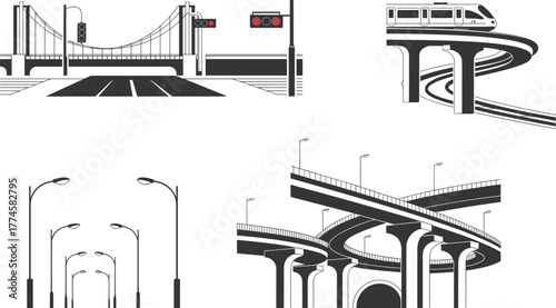 Black silhouette illustrations of urban infrastructure elements including bridge, elevated train, streetlights, highway interchange, traffic signals, city planning, architecture, 