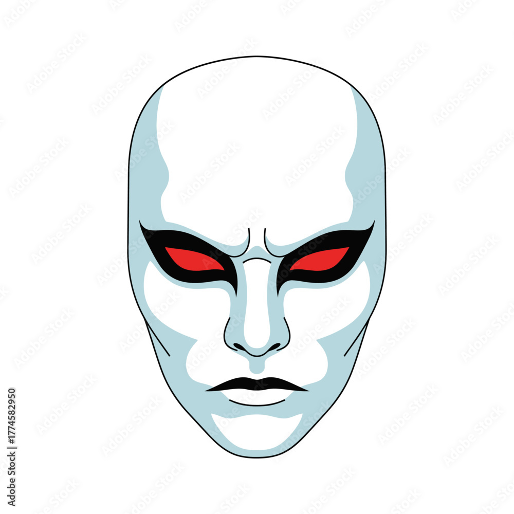 Fototapeta premium Intense White Mask with Piercing Red Eyes Staring Forward.