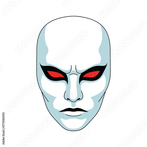 Intense White Mask with Piercing Red Eyes Staring Forward.
