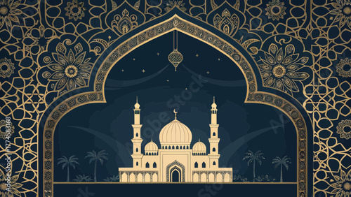 A Gold Illuminated Mosque in a Night Sky of Islamic Design