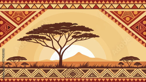 A silhouetted acacia tree during sunset on a savanna landscape