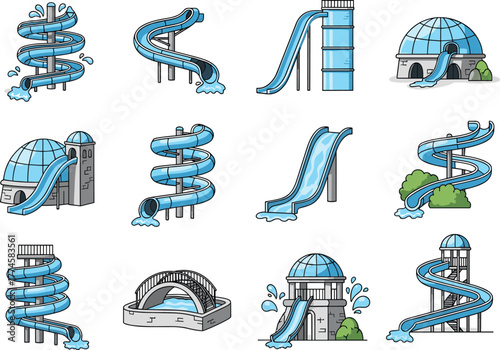 Colorful water park slides illustration, blue aqua park attraction, summer fun activity, spiral and straight slides, amusement park entertainment, outdoor recreation concept, vacation adventure design