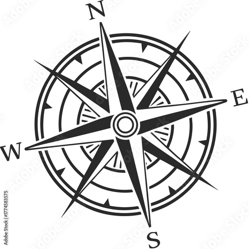 Black Compass Rose With Cardinal Directions On White Background Keywords: compass rose