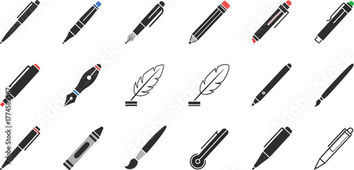 Writing instruments and tools icon set