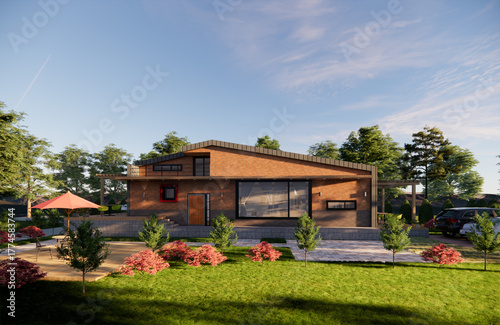 Architectural rendering illustration of a 3d country detached house with a brick finish and a zinc pitched roof with a beautiful garden.