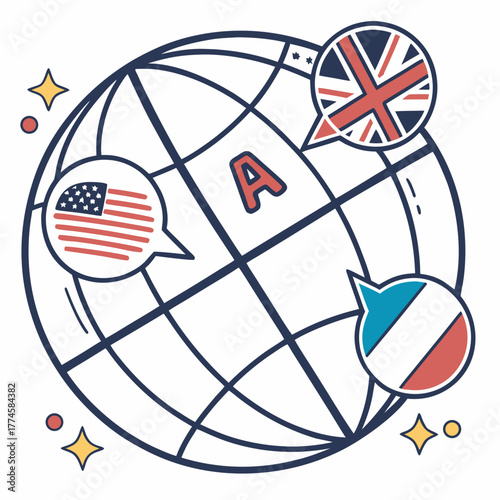Globe with Speech Bubbles Showing Flags and Letter A Keywords: globe, world, earth