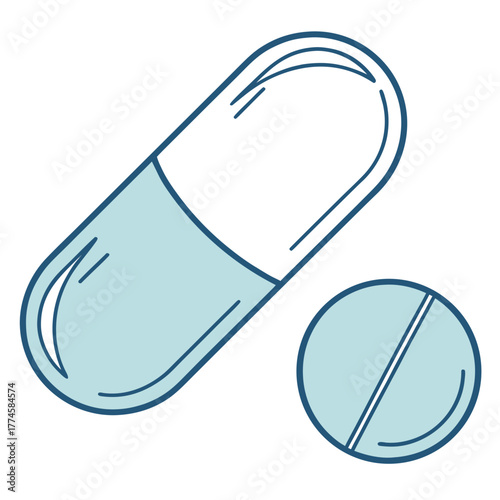 Blue Medical Capsule and Round Pill on White Background medication drug