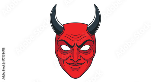 Red Devil Mask with Horns and Sinister Smile.