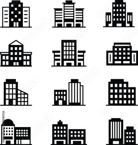Black, icon, building, office, apartment, structure, architecture, silhouette, vector, urban, symmetrical, modern, commercial, institutional, design, layout, civic, high-rise, tower,