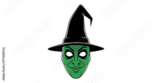 Sinister Green Witch Face with Pointed Hat Illustration.