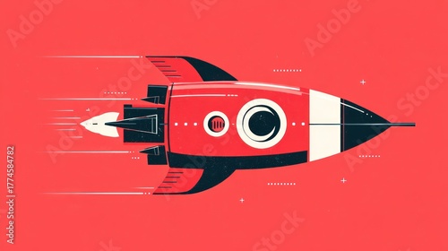 Fototapeta Naklejka Na Ścianę i Meble -  Red rocket ship flying fast on red background vector illustration