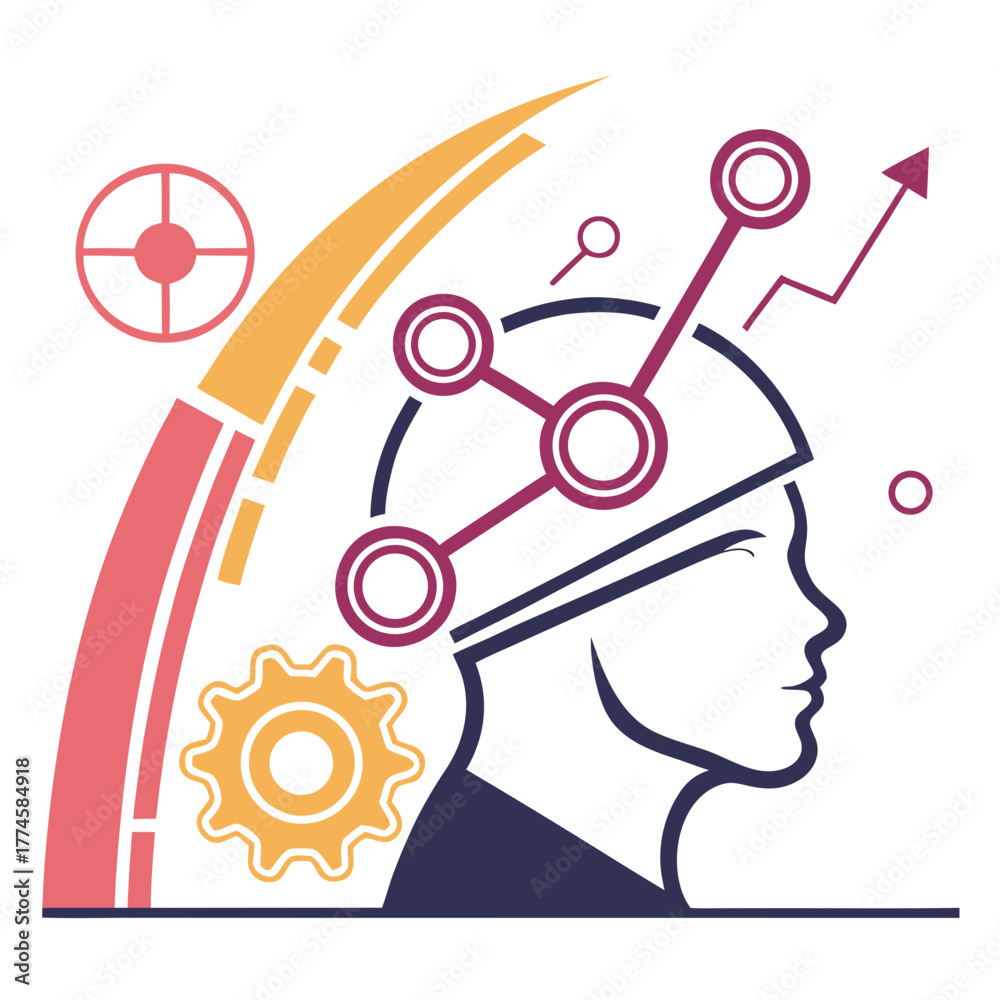 Fototapeta premium Human Head Silhouette with Gears and Growth Chart profile thinking
