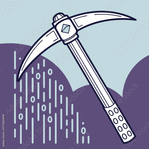 Stylized Pickaxe Icon with Binary Code and Cloud Shapes mining cryptocurrency
