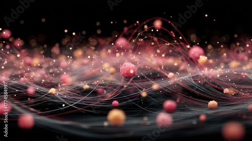 Abstract image of pink spheres with lines and bokeh on a dark background. It's great for science, technology, or medical-themed projects and designs.