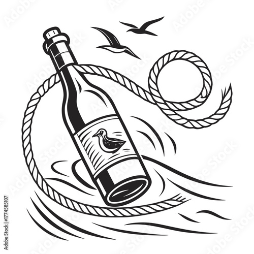 Bottle Adrift at Sea with Seagulls and Rope message in a bottle ocean