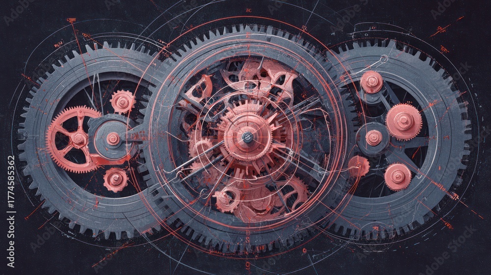 Obraz premium Mechanical gears interlocked concept with tech lines and complex structure