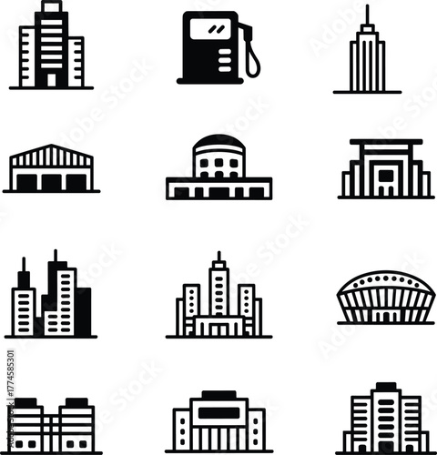 Black, icon, building, structure, office, apartment, gas station, temple, stadium, theater, warehouse, dome, tower, silhouette, vector, urban, architecture, commercial, cultural, modern, symmetr