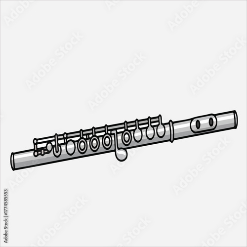 A detailed line drawing of a silver flute with keys and holes on a plain white background.