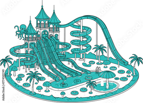 Fantasy water park illustration, colorful aqua slides and castle design, tropical summer fun, family adventure playground, pool resort entertainment, cartoon style vector art scene