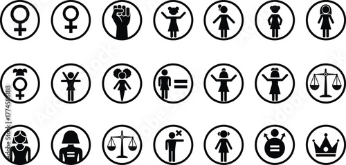 Collection of diverse female gender symbols and icons representing women s rights and empowerment isolated on transparent background
