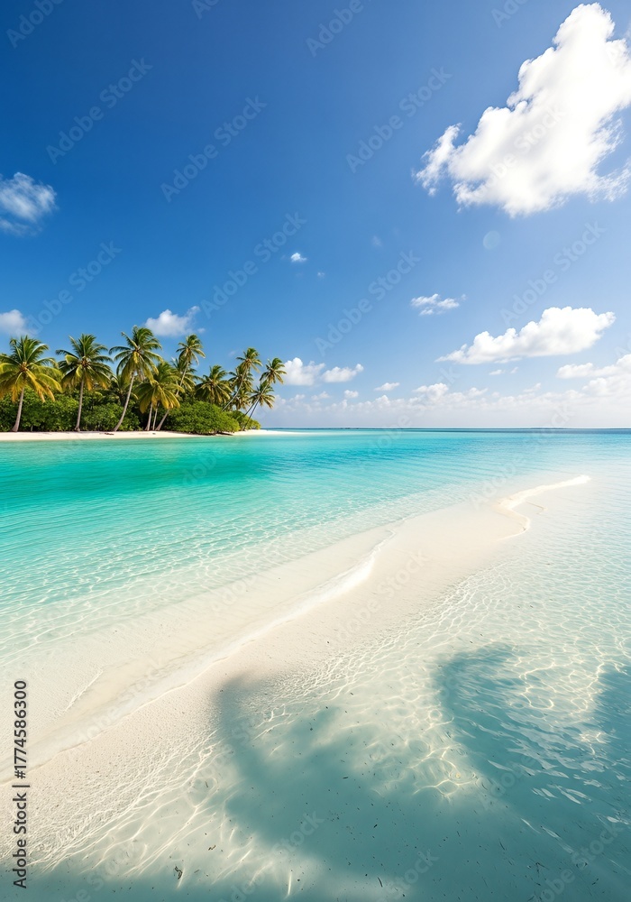Fototapeta premium Tropical Paradise: Turquoise Waters and Palm-Fringed Island Under Azure Sky
