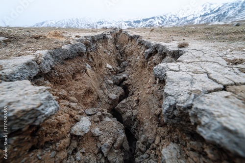 Deep crack in arid ground with mountains is seen on the horizon. Perfect for earthquake, drought, geology, and environmental projects.