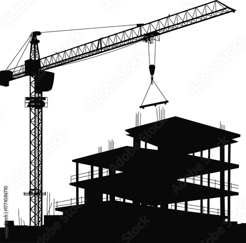 Construction site silhouette with tower crane, multi-story building, structural framework, rebar columns, urban development, civil engineering, industrial machinery, architecture, infrastructure, 