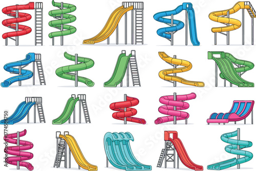 Colorful water slide collection, amusement park set, spiral and straight slides, outdoor summer fun, playground design, entertainment attraction, vector illustration for recreation concept