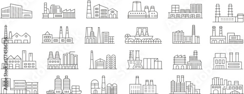 Industrial building icon set, manufacturing factory line art, power plant outline, refinery illustration, engineering concept, production facility design,