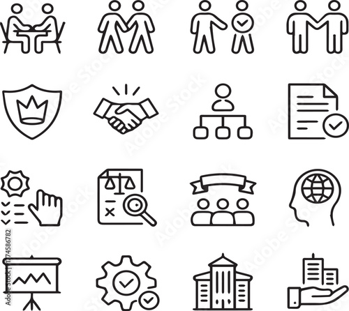 Business meeting and strategy icons set