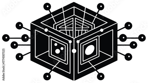 Antique leather briefcase open with a black and white puzzle next to a 3D wooden house model and a vector illustration of a computer